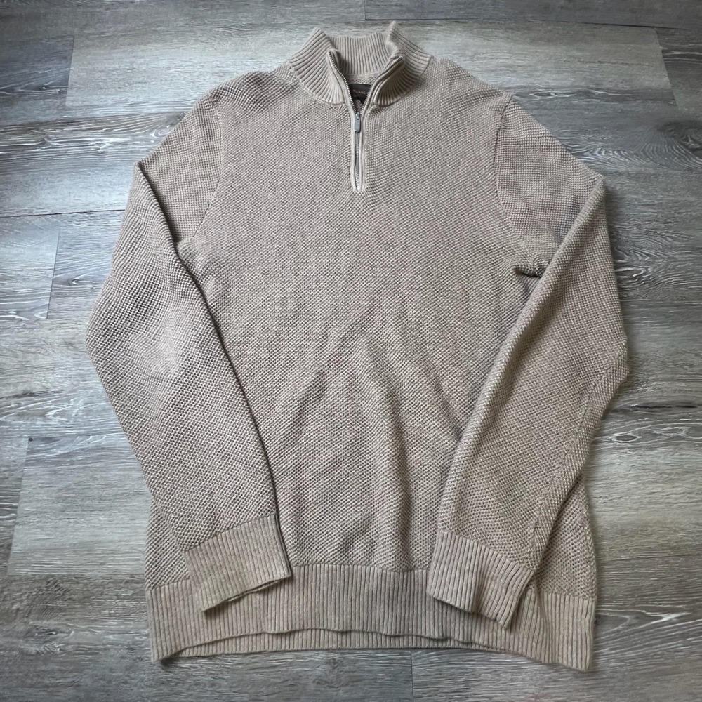 Fairlane & Sons Quarter Zip Mens L Oatmeal Heather Cotton Waffle Knit Sweater